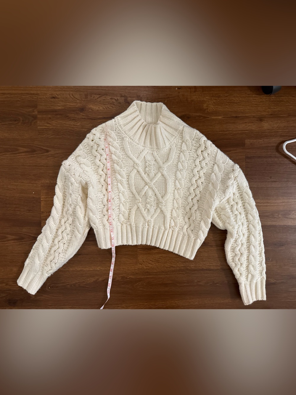 She + Sky Ivory Cable Knit crop Sweater pearl accents